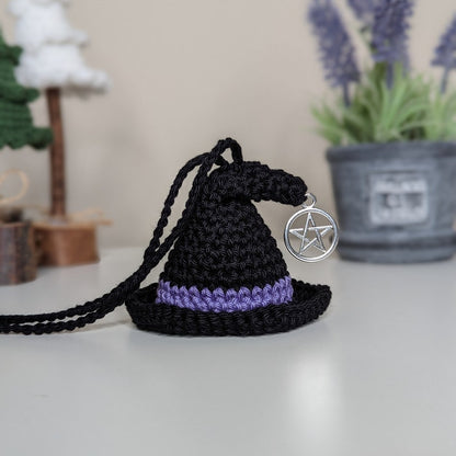 Crochet Witch Hat Car Charm with Pentacle, Halloween Ornament, Gothic Decor