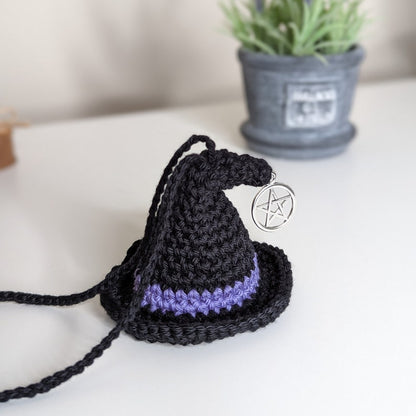 Crochet Witch Hat Car Charm with Pentacle, Halloween Ornament, Gothic Decor