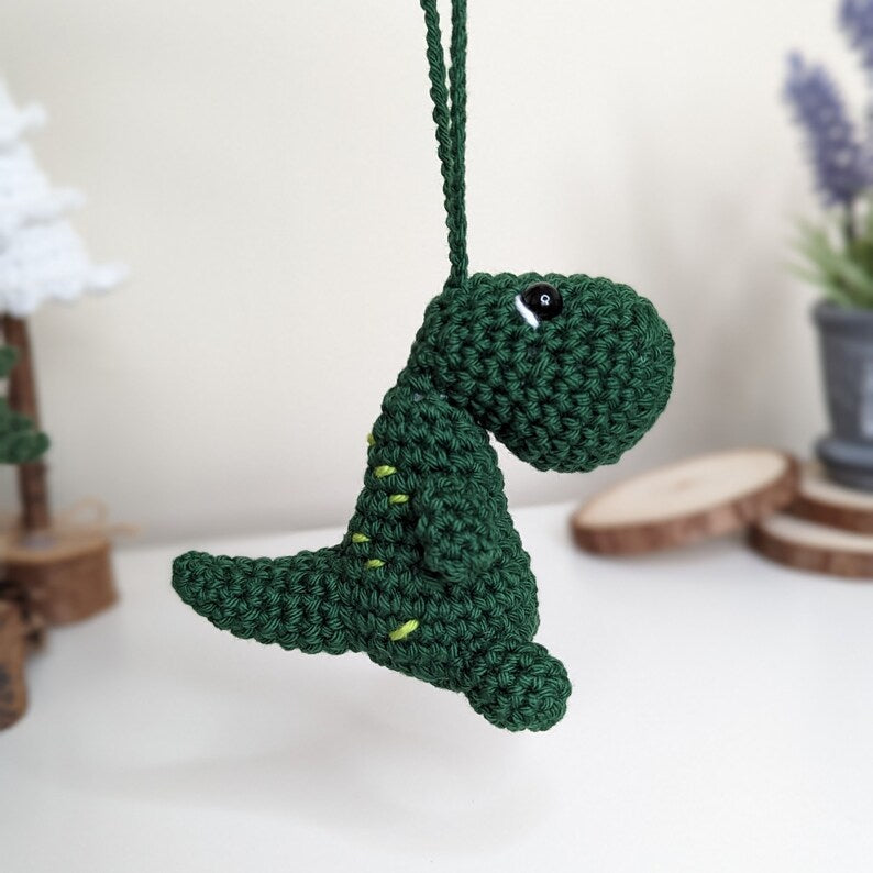 Crochet T-Rex Car Charm | Handmade Dinosaur Rearview Mirror Hanging