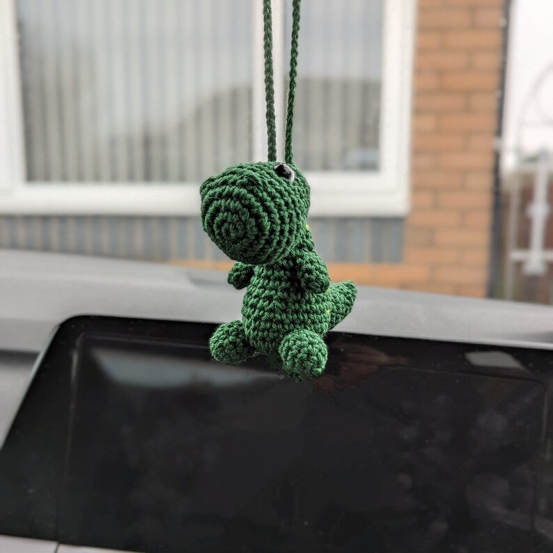 Crochet T-Rex Car Charm | Handmade Dinosaur Rearview Mirror Hanging