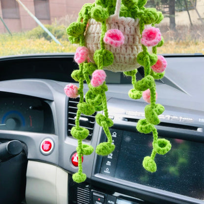 Cute Car Mirror Hanging bracketplant chlorophytum comosum pink flower Interior Rear View Mirror Flower Car Accessories Crochet gift for car