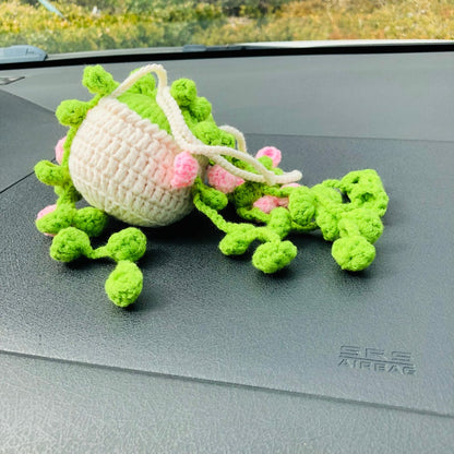 Cute Car Mirror Hanging bracketplant chlorophytum comosum pink flower Interior Rear View Mirror Flower Car Accessories Crochet gift for car