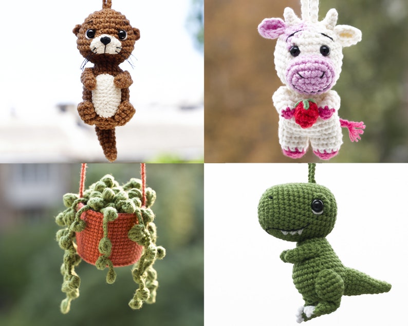 Crochet Car Charm, Cow, Dinosaur, Otter, Plant Car Mirror Hanging Accessory