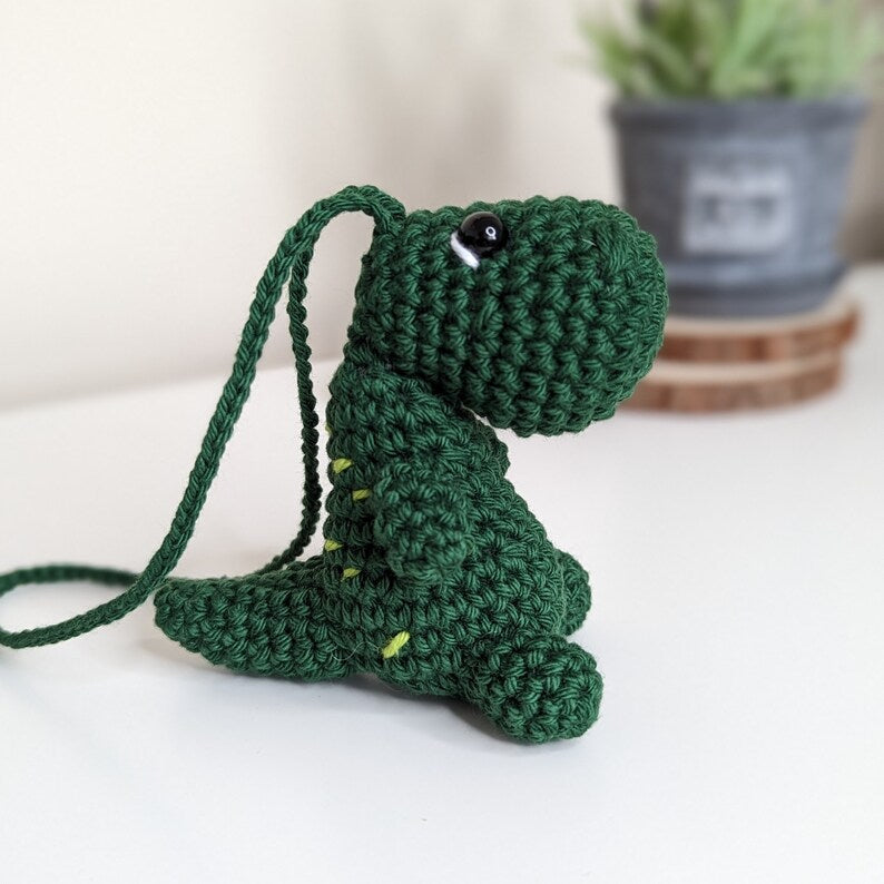 Crochet T-Rex Car Charm | Handmade Dinosaur Rearview Mirror Hanging