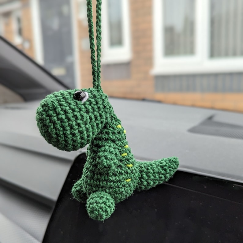 Crochet T-Rex Car Charm | Handmade Dinosaur Rearview Mirror Hanging