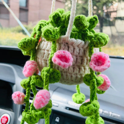 Cute Car Mirror Hanging bracketplant chlorophytum comosum pink flower Interior Rear View Mirror Flower Car Accessories Crochet gift for car