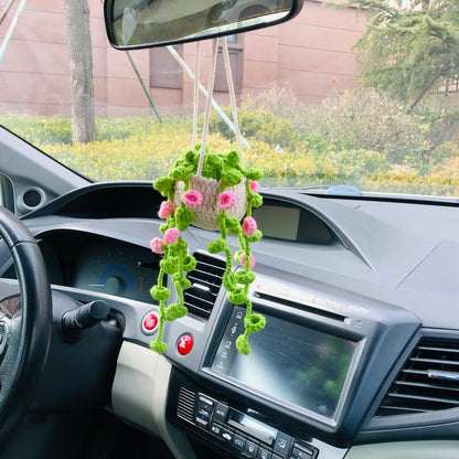 Cute Car Mirror Hanging bracketplant chlorophytum comosum pink flower Interior Rear View Mirror Flower Car Accessories Crochet gift for car