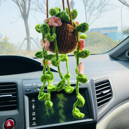 Cute Car Mirror Hanging pink bracketplant chlorophytum comosum with flower Interior Rear View Mirror Flower Car Accessories Crochet gift