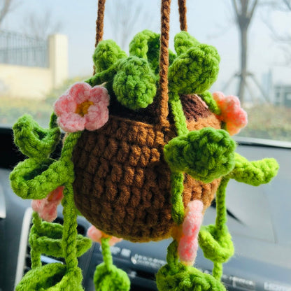 Cute Car Mirror Hanging pink bracketplant chlorophytum comosum with flower Interior Rear View Mirror Flower Car Accessories Crochet gift