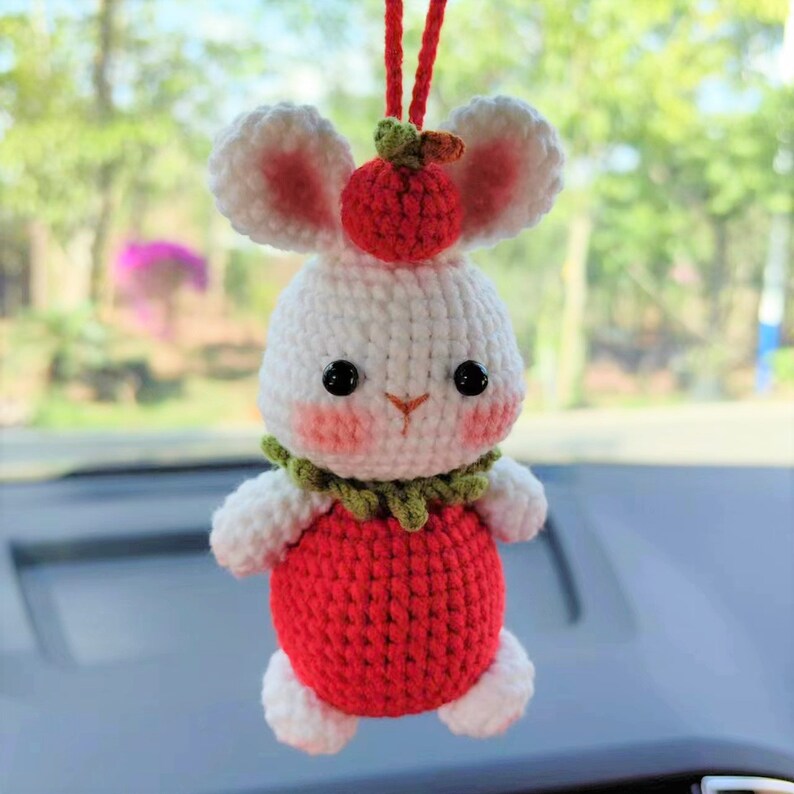 Strawberry Bunny Car Mirror Hanging Accessories, Crochet Bunny Car Charms Rear View Mirror, Cute Girly Car Accessories for Women