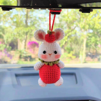 Strawberry Bunny Car Mirror Hanging Accessories, Crochet Bunny Car Charms Rear View Mirror, Cute Girly Car Accessories for Women