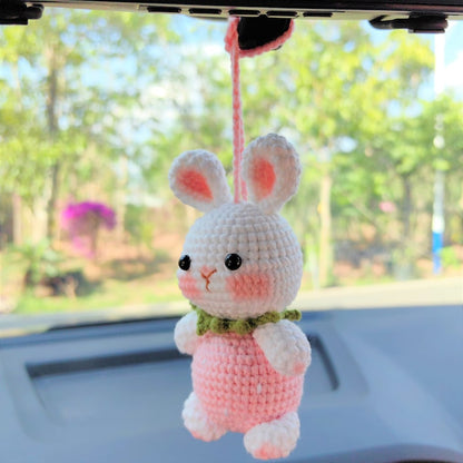 Strawberry Bunny Car Mirror Hanging Accessories, Crochet Bunny Car Charms Rear View Mirror, Cute Girly Car Accessories for Women