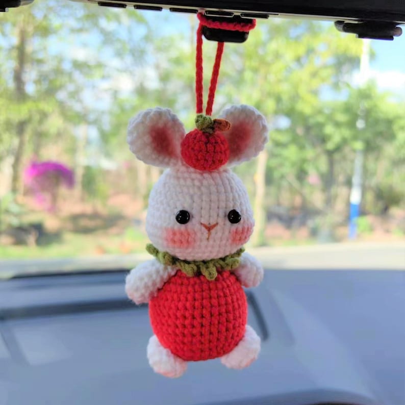 Strawberry Bunny Car Mirror Hanging Accessories, Crochet Bunny Car Charms Rear View Mirror, Cute Girly Car Accessories for Women