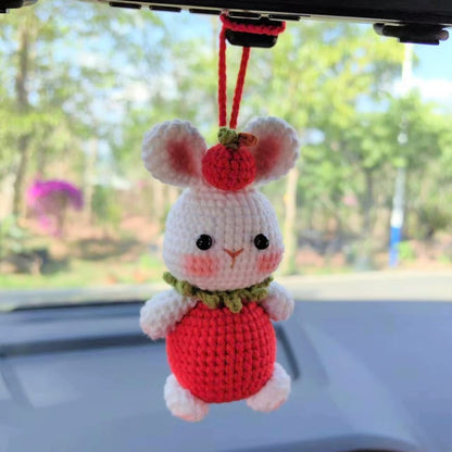 Strawberry Bunny Car Mirror Hanging Accessories, Crochet Bunny Car Charms Rear View Mirror, Cute Girly Car Accessories for Women