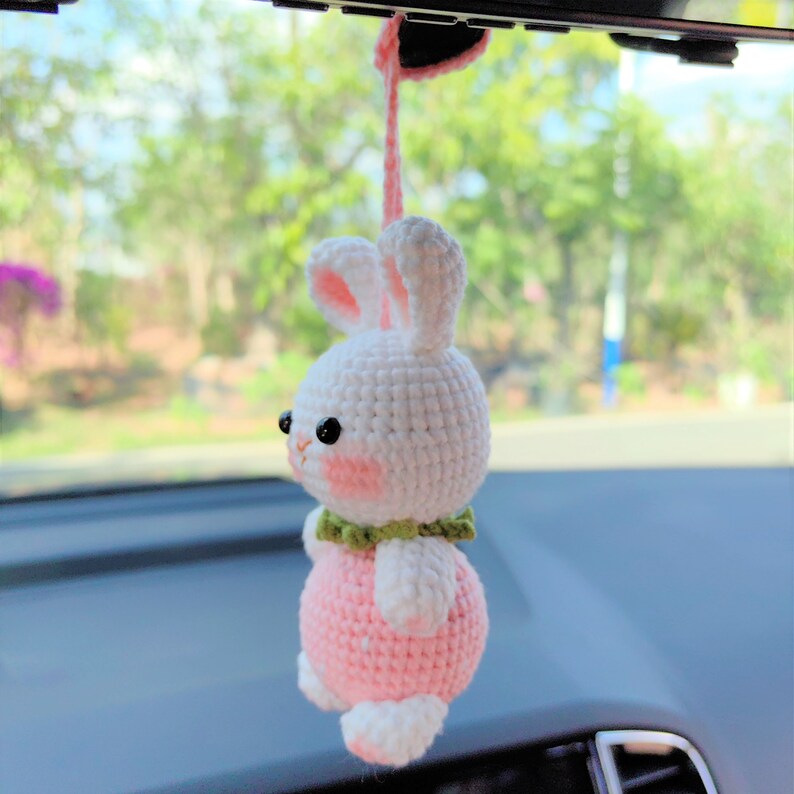 Strawberry Bunny Car Mirror Hanging Accessories, Crochet Bunny Car Charms Rear View Mirror, Cute Girly Car Accessories for Women