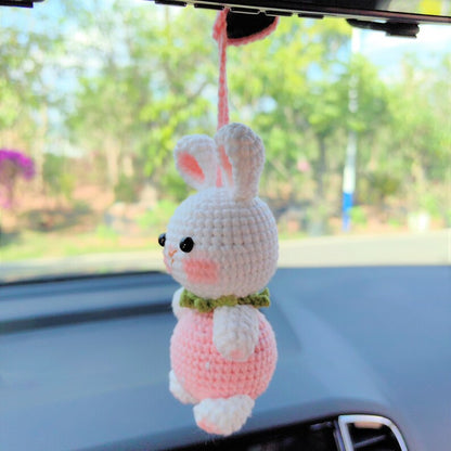Strawberry Bunny Car Mirror Hanging Accessories, Crochet Bunny Car Charms Rear View Mirror, Cute Girly Car Accessories for Women