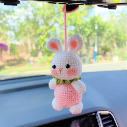 Strawberry Bunny Car Mirror Hanging Accessories, Crochet Bunny Car Charms Rear View Mirror, Cute Girly Car Accessories for Women