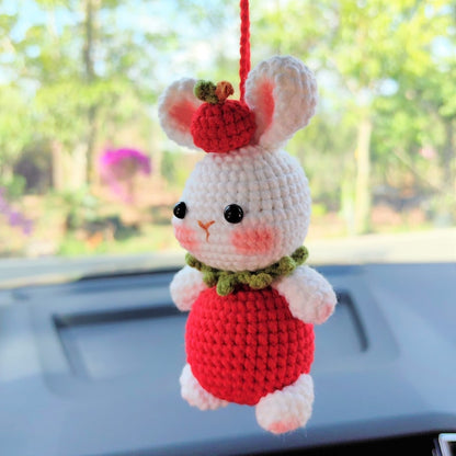 Strawberry Bunny Car Mirror Hanging Accessories, Crochet Bunny Car Charms Rear View Mirror, Cute Girly Car Accessories for Women
