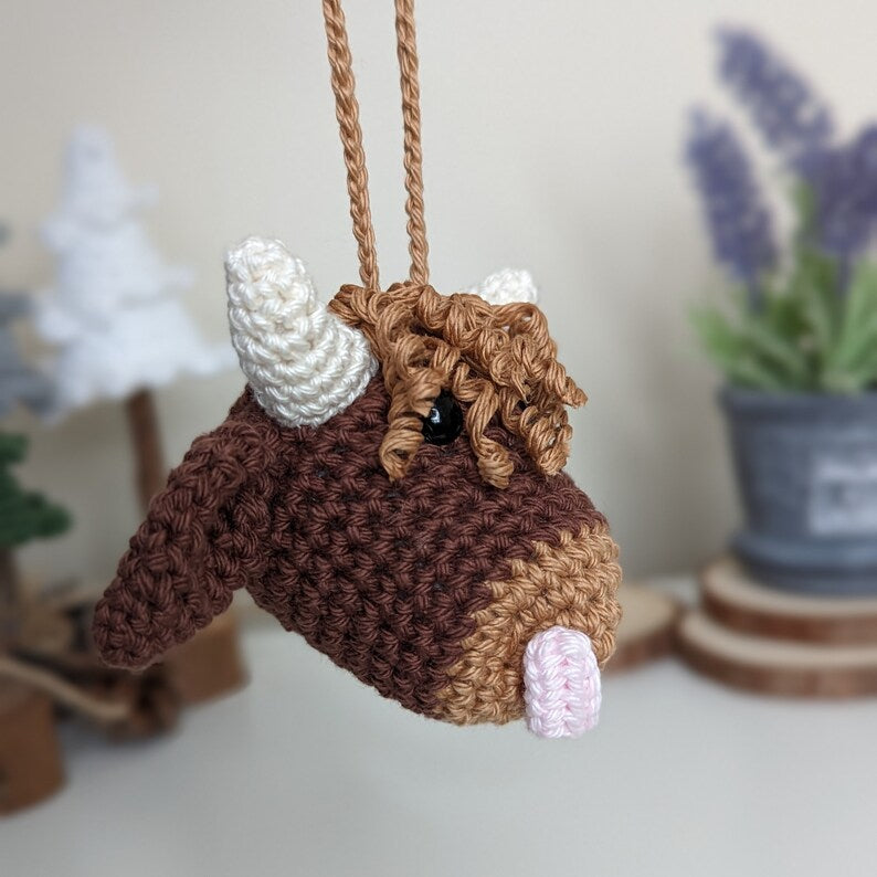 Crochet Highland Cow Car Charm | Cow Rearview Mirror Hanger