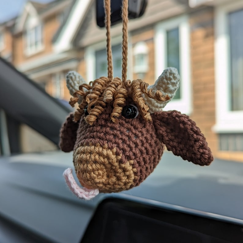 Crochet Highland Cow Car Charm | Cow Rearview Mirror Hanger