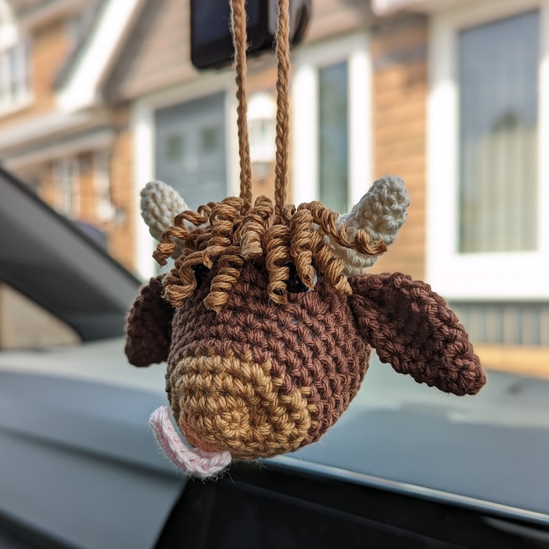 Crochet Highland Cow Car Charm | Cow Rearview Mirror Hanger