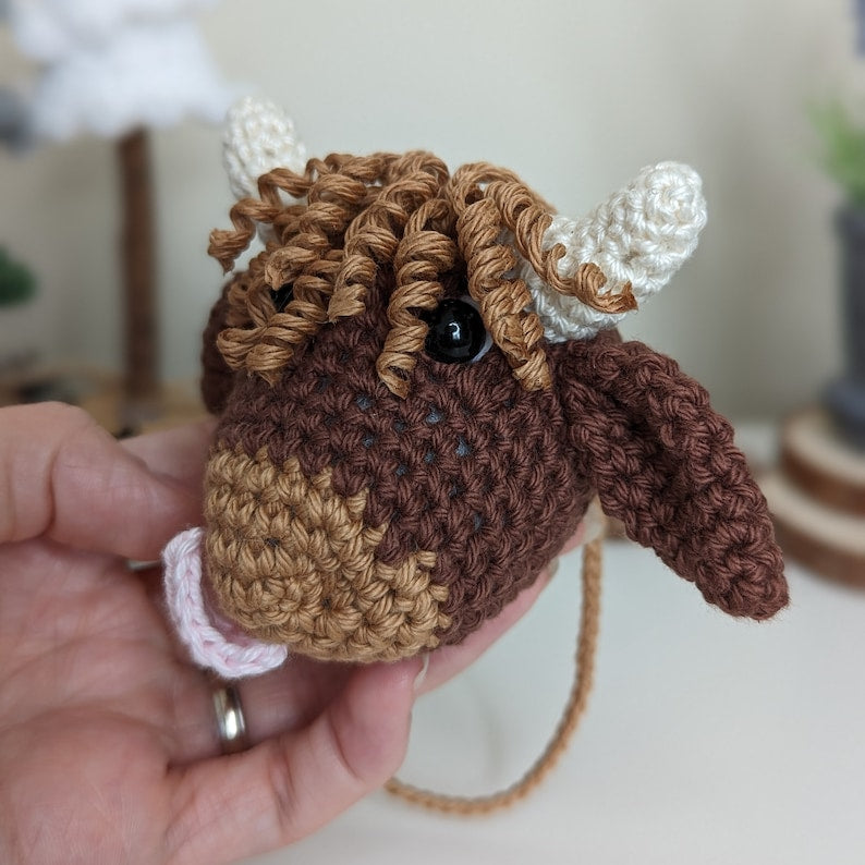 Crochet Highland Cow Car Charm | Cow Rearview Mirror Hanger
