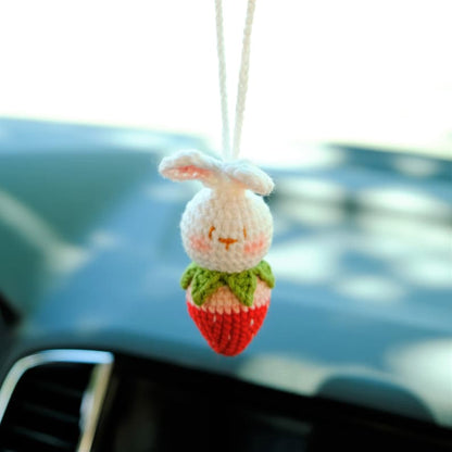 Crochet Strawberry Bunny Car Mirror Hanging: Kawaii Car Decor