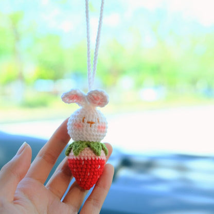 Crochet Strawberry Bunny Car Mirror Hanging: Kawaii Car Decor