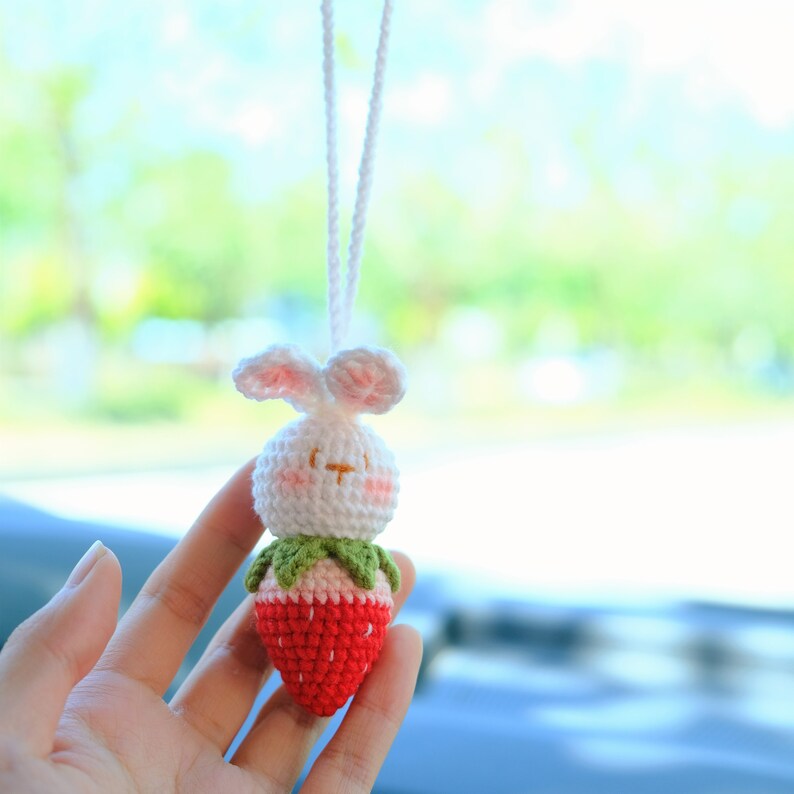 Crochet Strawberry Bunny Car Mirror Hanging: Kawaii Car Decor