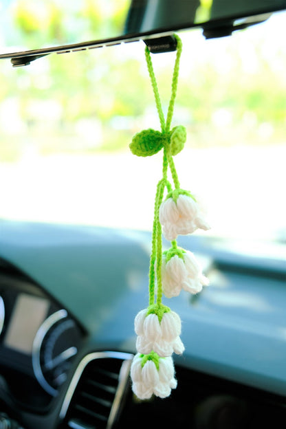 Crochet Rainbow Lily of the Valley Car Mirror Hanging - Handmade Boho Car Decor