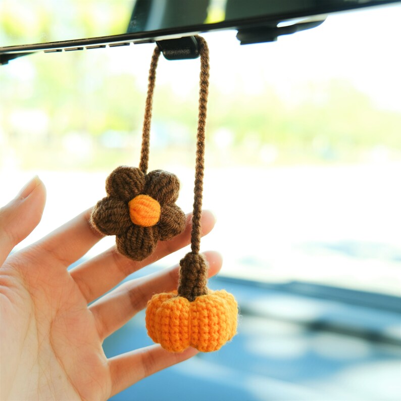 Crochet Pumpkin & Daisy Car Mirror Hanging, Cute Boho Fall Rearview Hanging Ornament