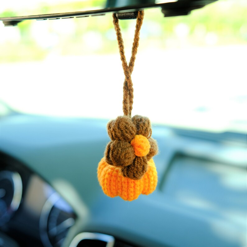 Crochet Pumpkin & Daisy Car Mirror Hanging, Cute Boho Fall Rearview Hanging Ornament