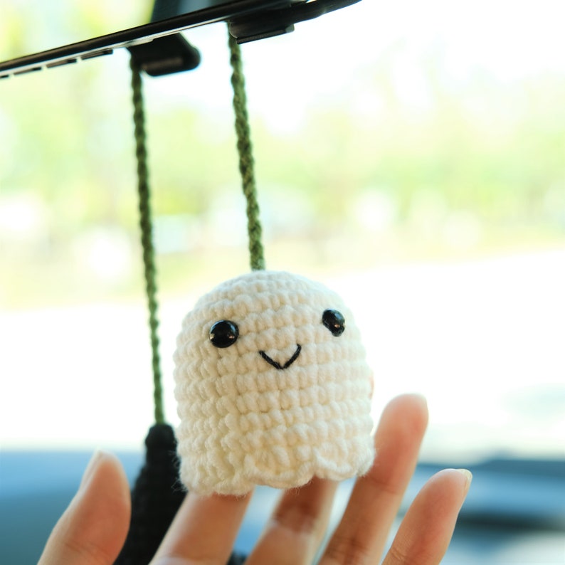 Crochet Ghost Witch Hat Car Mirror Hanging, Spooky Cute Car Rearview Charm, Halloween Car Interior Accessories