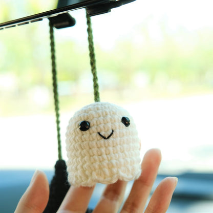 Crochet Ghost Witch Hat Car Mirror Hanging, Spooky Cute Car Rearview Charm, Halloween Car Interior Accessories