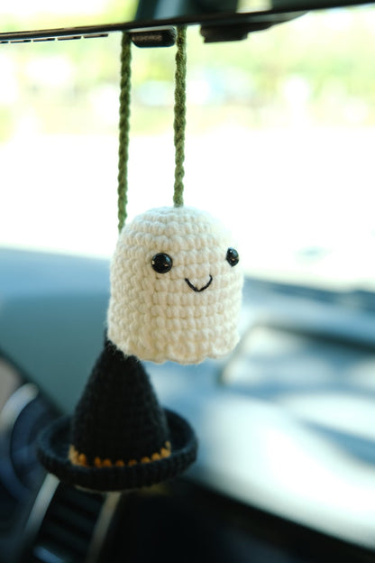 Crochet Ghost Witch Hat Car Mirror Hanging, Spooky Cute Car Rearview Charm, Halloween Car Interior Accessories