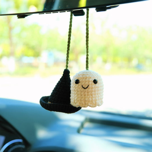 Crochet Ghost Witch Hat Car Mirror Hanging, Spooky Cute Car Rearview Charm, Halloween Car Interior Accessories