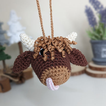 Crochet Highland Cow Car Charm | Cow Rearview Mirror Hanger
