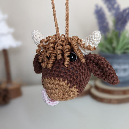 Crochet Highland Cow Car Charm | Cow Rearview Mirror Hanger