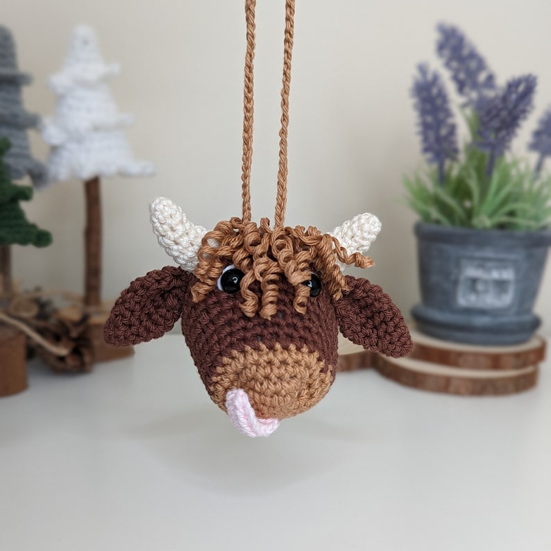 Crochet Highland Cow Car Charm | Cow Rearview Mirror Hanger