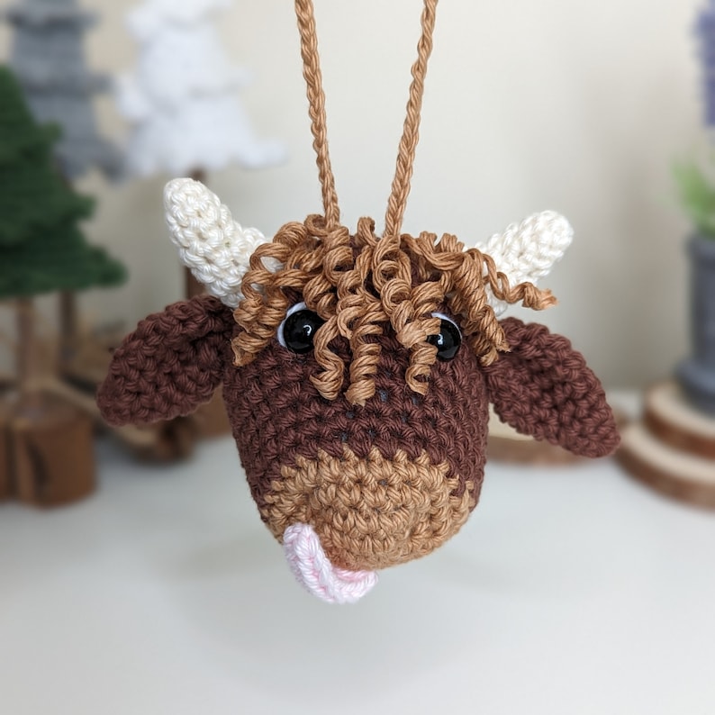 Crochet Highland Cow Car Charm | Cow Rearview Mirror Hanger