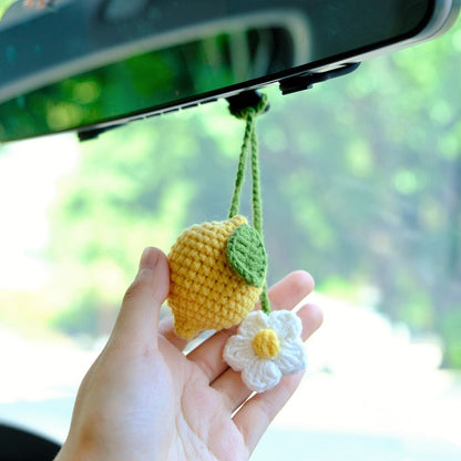 Crochet Lemon and Daisy Car Mirror Charm, Rear View Hanging Ornament, Yellow Fruit Car Interior Decor