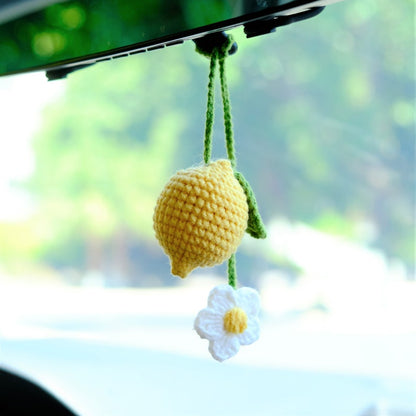 Crochet Lemon and Daisy Car Mirror Charm, Rear View Hanging Ornament, Yellow Fruit Car Interior Decor