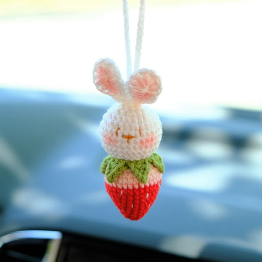 Crochet Strawberry Bunny Car Mirror Hanging: Kawaii Car Decor