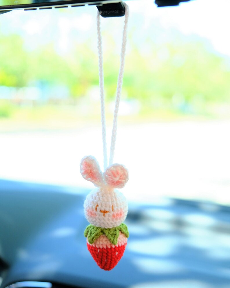 Crochet Strawberry Bunny Car Mirror Hanging: Kawaii Car Decor