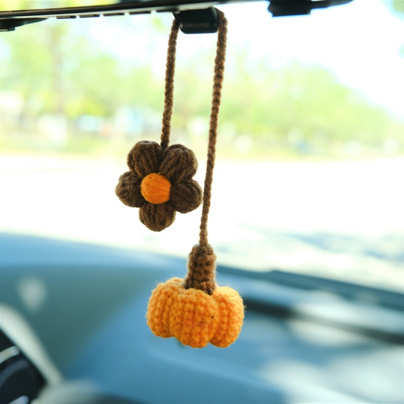 Crochet Pumpkin & Daisy Car Mirror Hanging, Cute Boho Fall Rearview Hanging Ornament