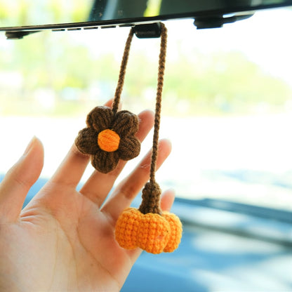 Crochet Pumpkin & Daisy Car Mirror Hanging, Cute Boho Fall Rearview Hanging Ornament