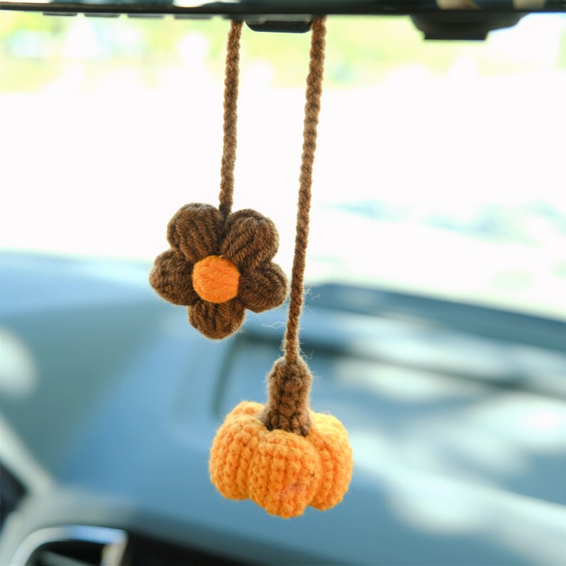 Crochet Pumpkin & Daisy Car Mirror Hanging, Cute Boho Fall Rearview Hanging Ornament