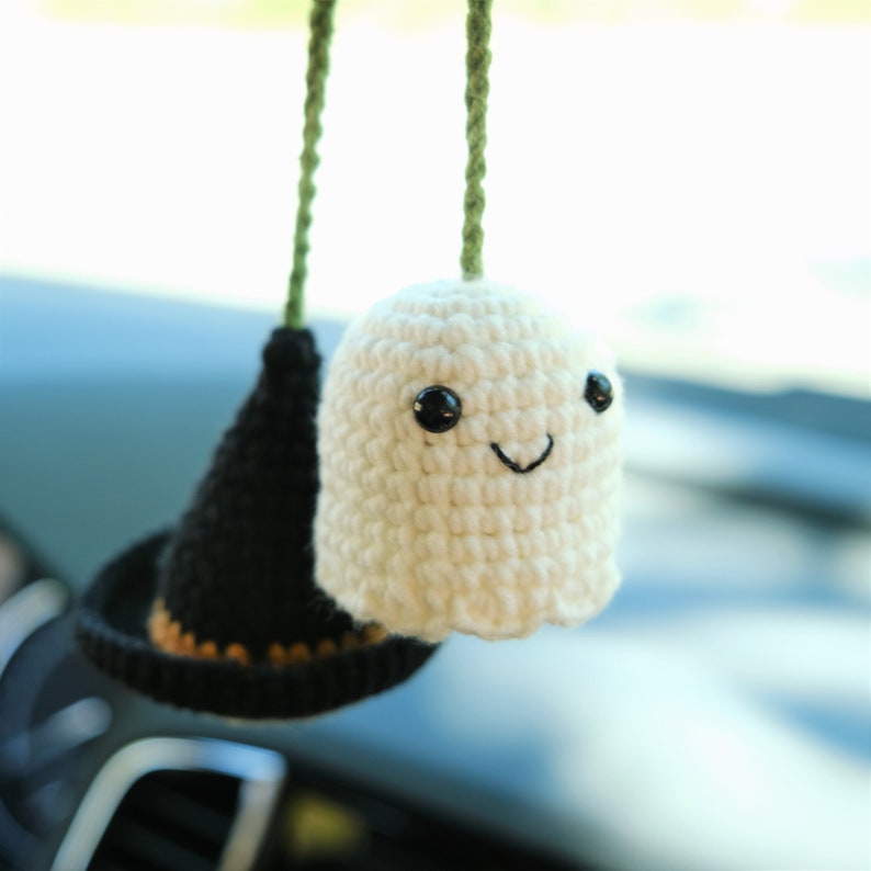 Crochet Ghost Witch Hat Car Mirror Hanging, Spooky Cute Car Rearview Charm, Halloween Car Interior Accessories