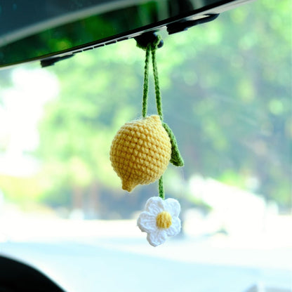 Crochet Lemon and Daisy Car Mirror Charm, Rear View Hanging Ornament, Yellow Fruit Car Interior Decor