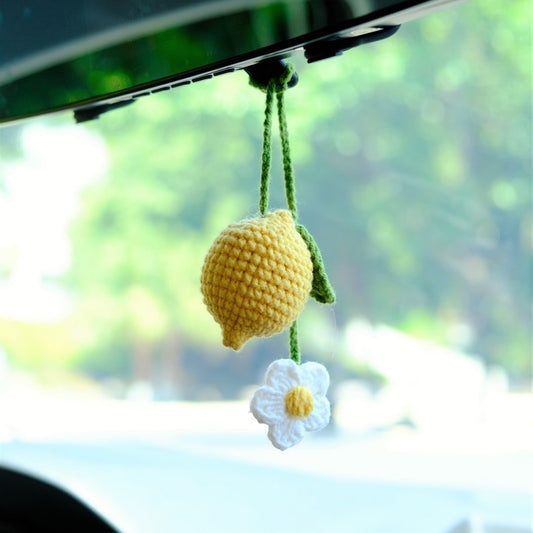 Crochet Lemon and Daisy Car Mirror Charm, Rear View Hanging Ornament, Yellow Fruit Car Interior Decor